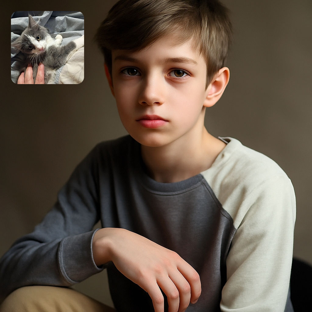 A curious gray and white kitten lounges on a soft blanket, eyes wide and whiskers twitching, while a human hand gently pets its fluffy belly, creating a cozy and heartwarming scene.