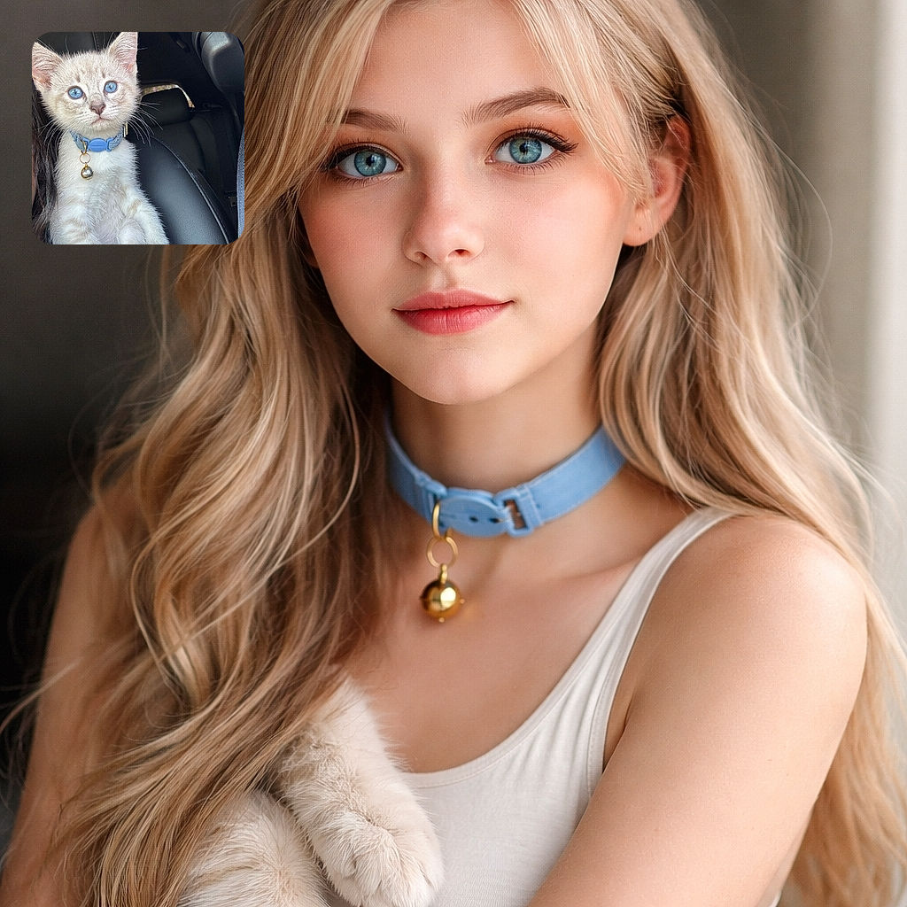 A wide-eyed blue-kitten stares out like a tiny sailor on a road trip, sporting a jaunty blue collar and jingly bell while perched on a leather car seat — whiskers on full alert and fluff bouncing with every curious blink.