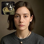 A charming gray and white cat with a bell collar is cozily nestled in a fuzzy round cat bed on a dark leather chair, looking directly at the camera with curious eyes and a calm expression.