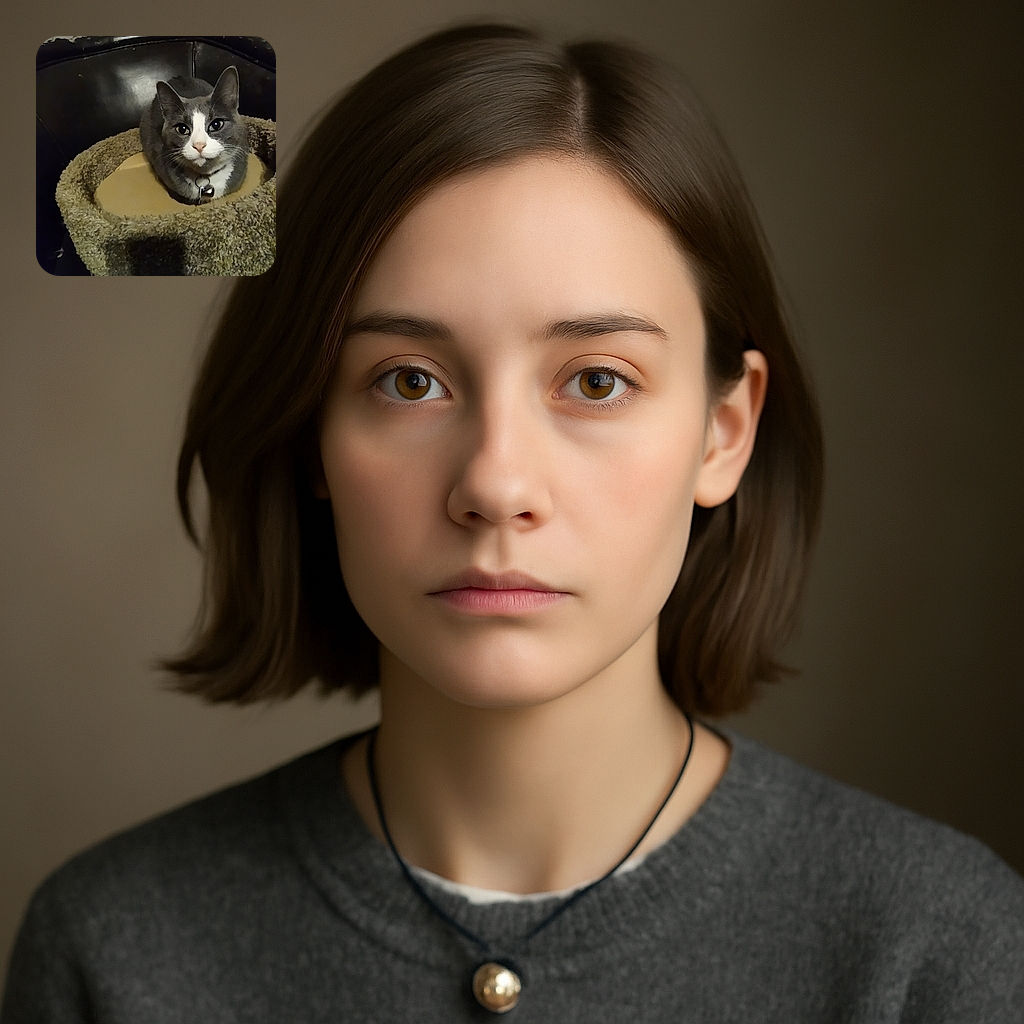 A charming gray and white cat with a bell collar is cozily nestled in a fuzzy round cat bed on a dark leather chair, looking directly at the camera with curious eyes and a calm expression.