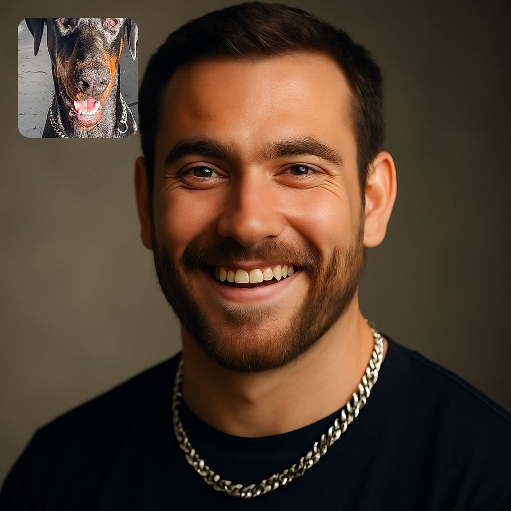 A shiny black and tan Doberman with a metal chain collar is sitting indoors, basking in the sunlight with a happy, open-mouthed grin that shows off its sharp teeth and bright eyes.