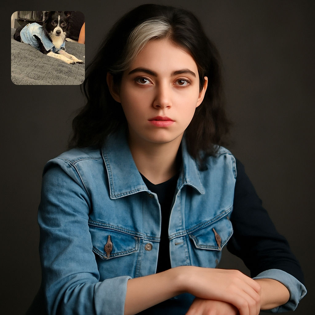 A small black and white dog wearing a light blue denim jacket lounges on a textured gray blanket, with a large box fan and dark curtain in the background, looking curiously at the camera.