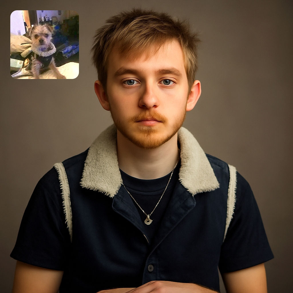 A small dog wearing a fluffy collar and a harness sits on a bed surrounded by various household items and clutter, with a slightly blurry and low-light background.