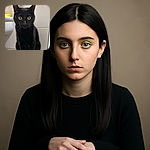 A sleek black cat with striking yellow eyes sits poised on a white bathroom sink, staring intently at the camera. The background shows white tiled walls, a soft yellow towel hanging, and a glimpse of a mirror reflecting part of the room. The cat's shiny fur contrasts sharply with the bright and clean surroundings.