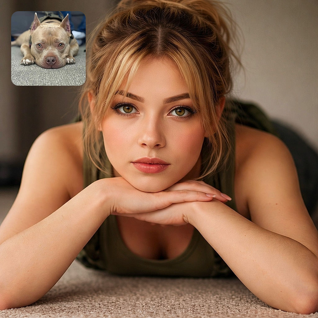 A soulful pit bull sprawled flat on a carpet, chin glued to the floor and eyes begging for snacks or belly rubs — the ultimate face-of-desperation close-up with a soft bokeh background.