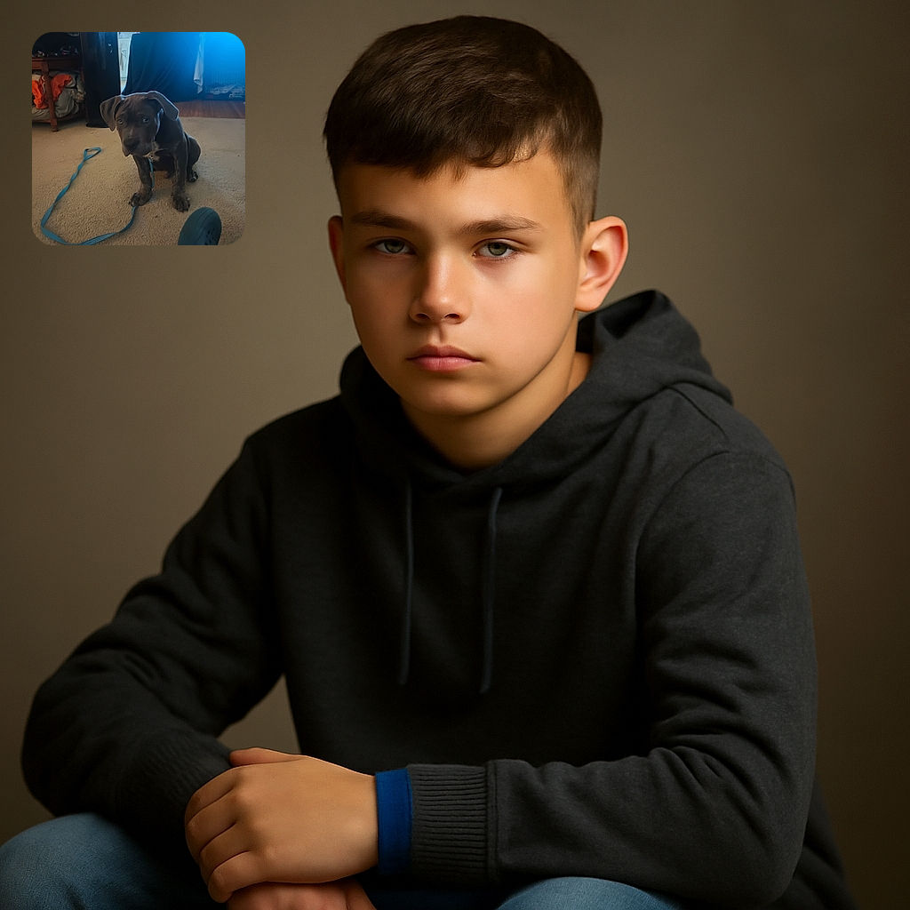 A slightly blurry but adorable puppy sits on a carpet with a blue leash tangled around its paws, looking up with a curious and innocent expression, while a cozy indoor room with furniture and a pet bed forms the background.