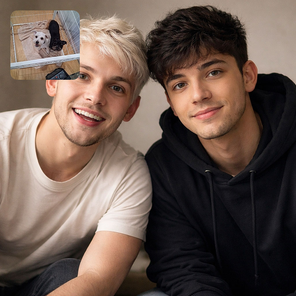 Two small dogs pressed together in a white wire playpen on a towel, looking up with eager, expectant faces — one fluffy white pup grinning and a darker scruffy buddy next to it. Overhead cozy indoor shot with a space heater visible outside the pen; feels homely and a little cheeky, like they’re plotting negotiation tactics for extra treats.