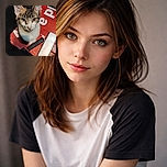 A curious tabby cat with striking yellow-green eyes looks up from a red cardboard box, giving an intense and slightly mischievous stare. The background is dark, making the cat's face and the red box stand out sharply, while some metallic and black objects are scattered nearby.