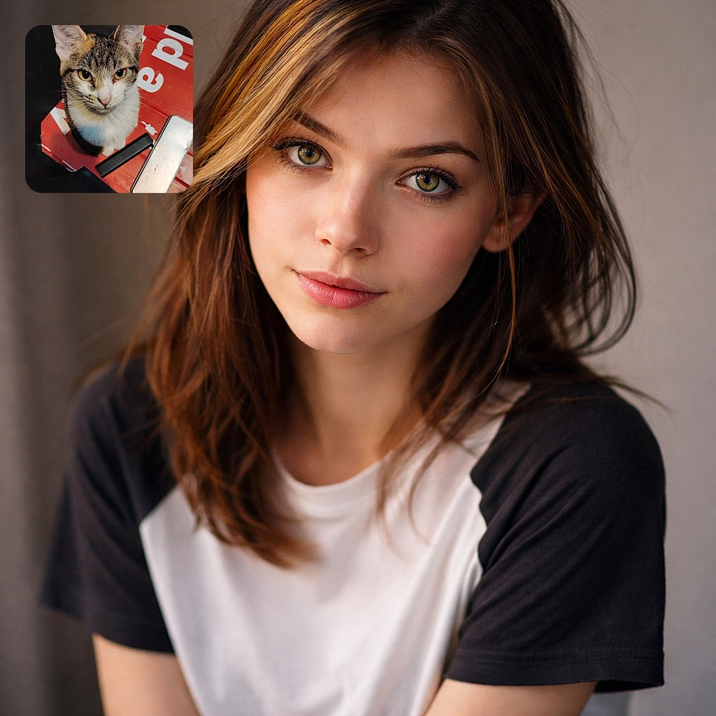 A curious tabby cat with striking yellow-green eyes looks up from a red cardboard box, giving an intense and slightly mischievous stare. The background is dark, making the cat's face and the red box stand out sharply, while some metallic and black objects are scattered nearby.