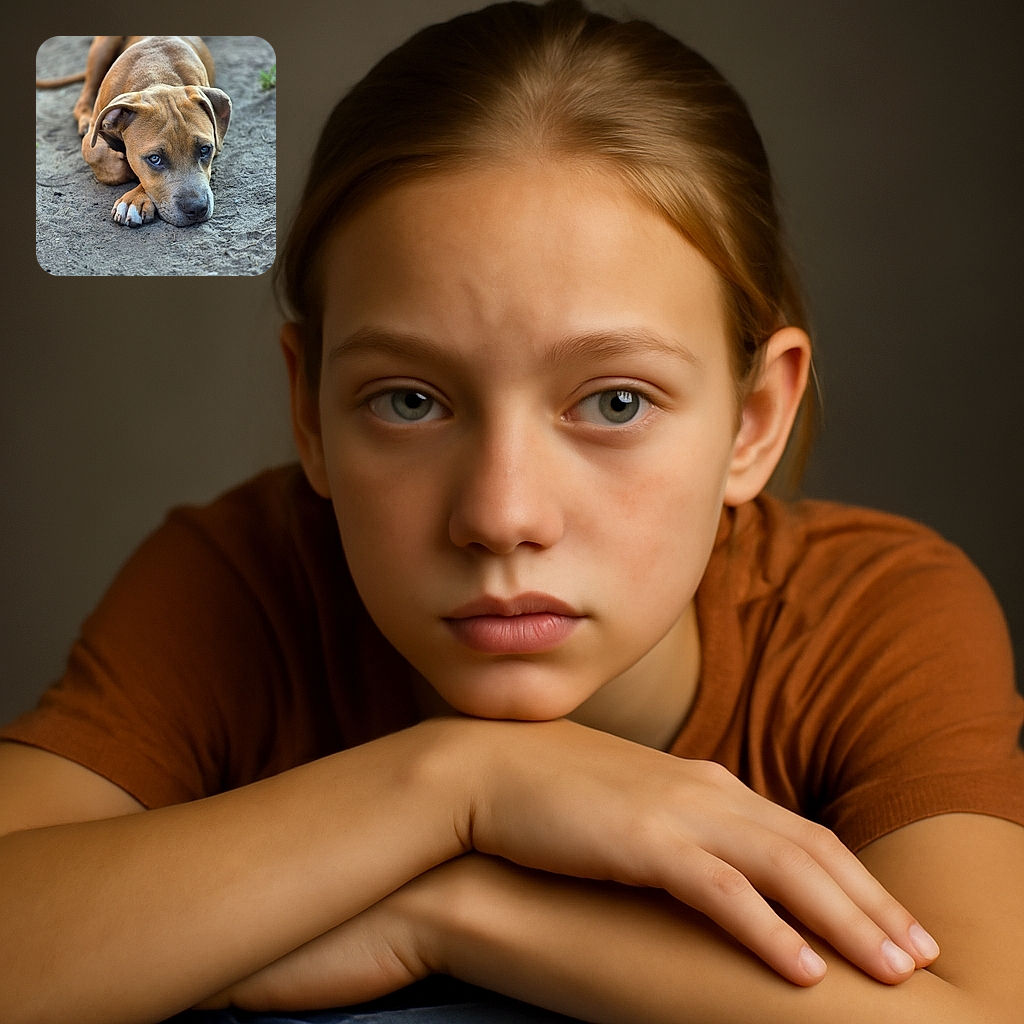 A soulful puppy lies on the dirt ground, looking up with big, expressive eyes that seem to tell a story of puppy dreams and muddy adventures.