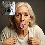 A close-up, upside-down shot of a happy golden retriever with its tongue out, looking playful and goofy while someone gently pets its head on a cozy blanket background.