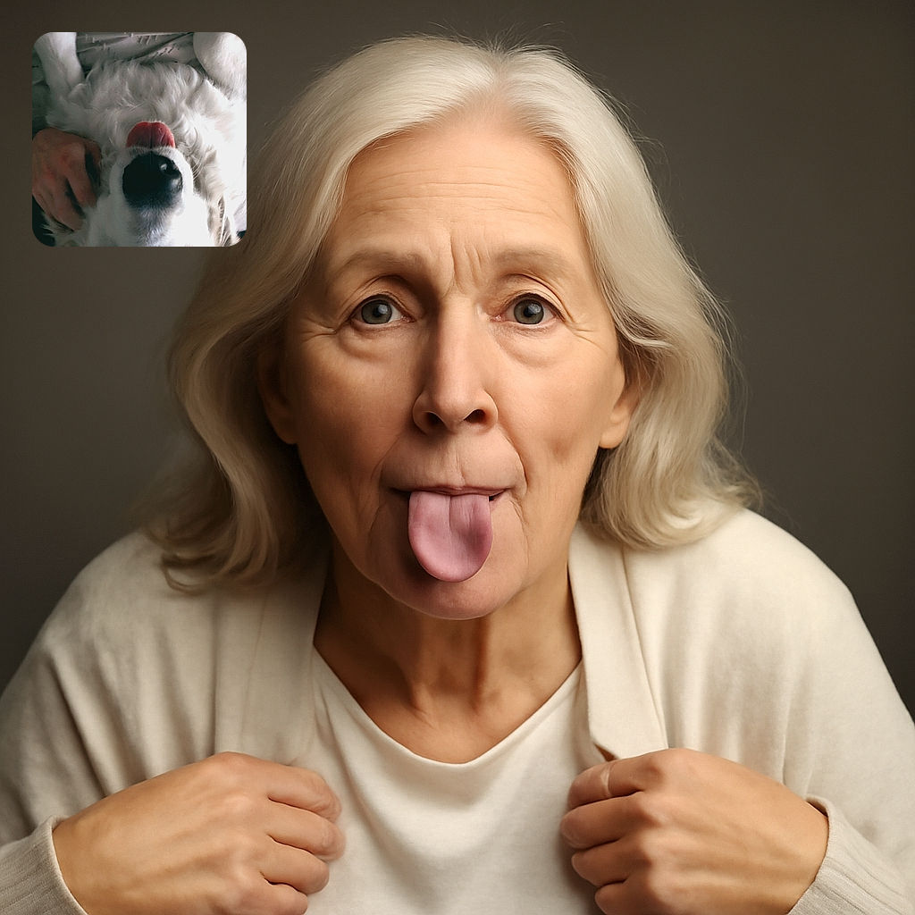 A close-up, upside-down shot of a happy golden retriever with its tongue out, looking playful and goofy while someone gently pets its head on a cozy blanket background.