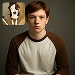 A charming brown and white dog stands on a wooden floor next to a beige carpet and a white chair leg, gazing curiously at the camera with soulful eyes, one of which appears slightly red.