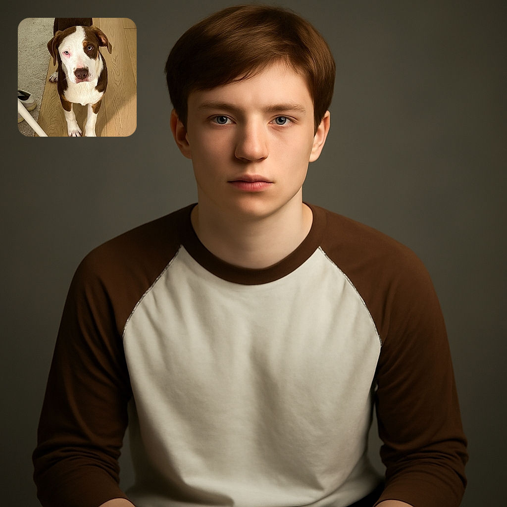 A charming brown and white dog stands on a wooden floor next to a beige carpet and a white chair leg, gazing curiously at the camera with soulful eyes, one of which appears slightly red.