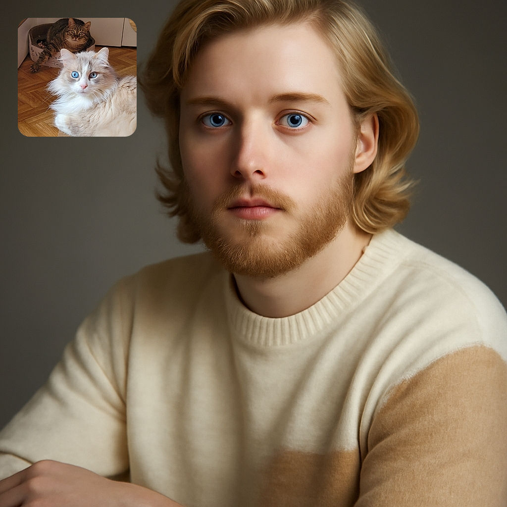 Two cats chill in a cozy indoor setting: a fluffy cream-colored cat with striking blue eyes lounges in the foreground, while a tabby cat with wide eyes relaxes in a cat bed in the background. The warm wooden floor and soft lighting add to the homey vibe.