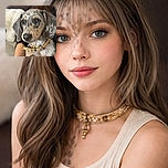 A close-up photo of a charming dappled puppy with soulful eyes and a worn yellow collar, sitting comfortably on someone's lap with a cozy background that includes a fluffy white cushion.