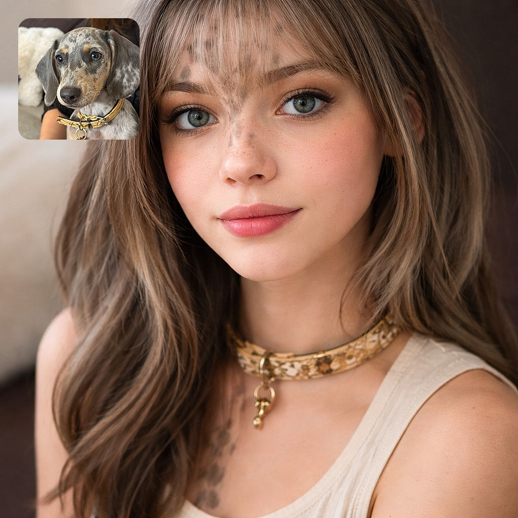 A close-up photo of a charming dappled puppy with soulful eyes and a worn yellow collar, sitting comfortably on someone's lap with a cozy background that includes a fluffy white cushion.