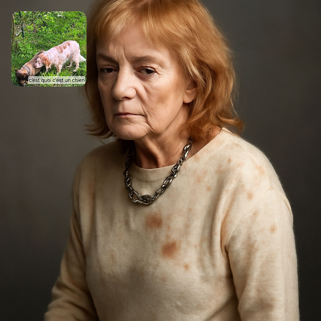 Two dogs are interacting closely on a lush green lawn next to a flowering tree branch, with one dog sniffing or nuzzling the other. The scene is natural and peaceful, but a large text overlay in French reading 'c'est quoi c'est un chien' partially covers the lower part of the image.