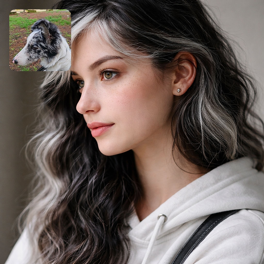 A merle-coated dog striking a contemplative side-profile in the park, every freckle on its nose and swirl of fur captured in sharp detail — looks like it just heard the word 'treat' and is pretending not to care.