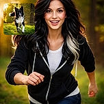 A joyful black and white Border Collie is captured mid-run on a lush green path, bathed in the warm golden glow of the setting sun filtering through tall trees, showcasing nature's perfect playtime moment.