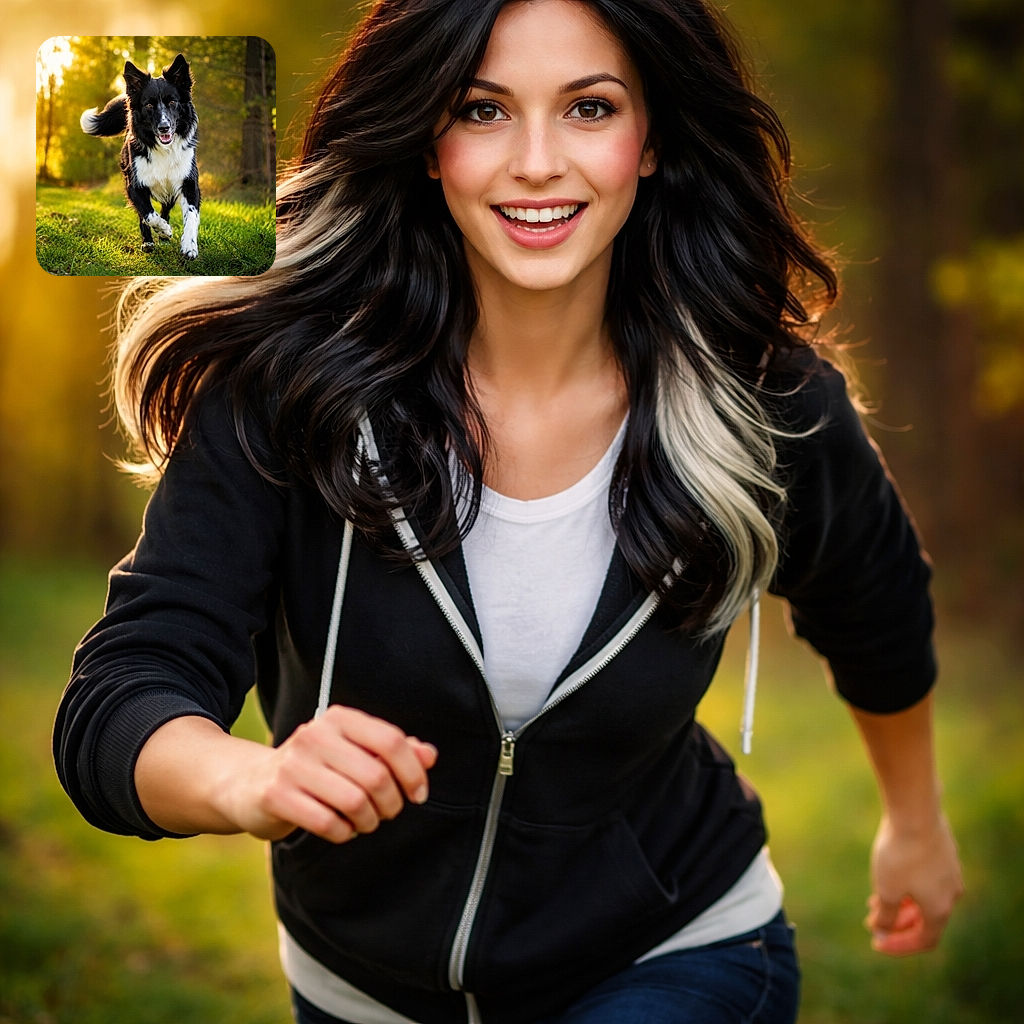 A joyful black and white Border Collie is captured mid-run on a lush green path, bathed in the warm golden glow of the setting sun filtering through tall trees, showcasing nature's perfect playtime moment.
