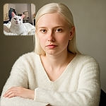 A serene white cat with striking green eyes lounges comfortably on a fluffy white blanket, blending almost seamlessly with its cozy surroundings. The background reveals a casual room setting with clothes hanging, a mirror, and a sink, adding a touch of everyday life to this peaceful feline portrait.