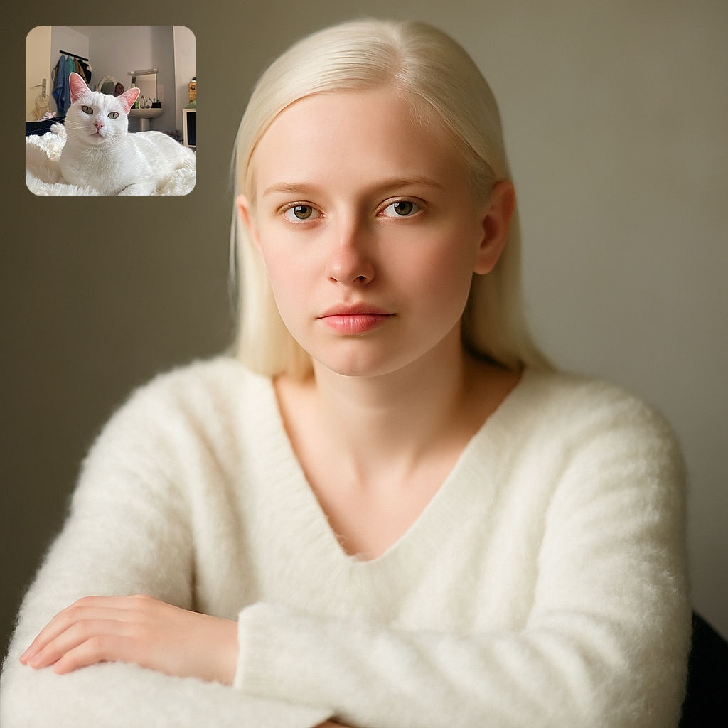 A serene white cat with striking green eyes lounges comfortably on a fluffy white blanket, blending almost seamlessly with its cozy surroundings. The background reveals a casual room setting with clothes hanging, a mirror, and a sink, adding a touch of everyday life to this peaceful feline portrait.