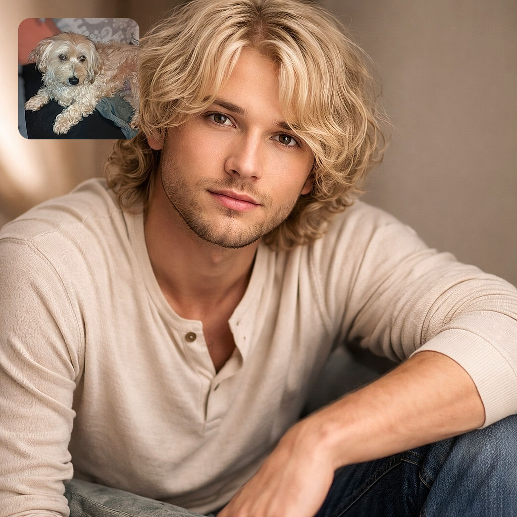 A fluffy, cream-colored dog lounges comfortably on a dark surface with a cozy blanket nearby, gazing thoughtfully as if pondering the meaning of belly rubs and treats.