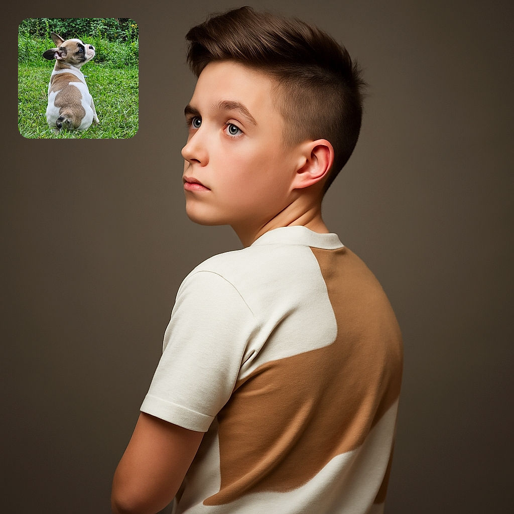 A charming little puppy sitting on lush green grass, looking back with curious eyes, ears perked up as if ready for an adventure in the garden.