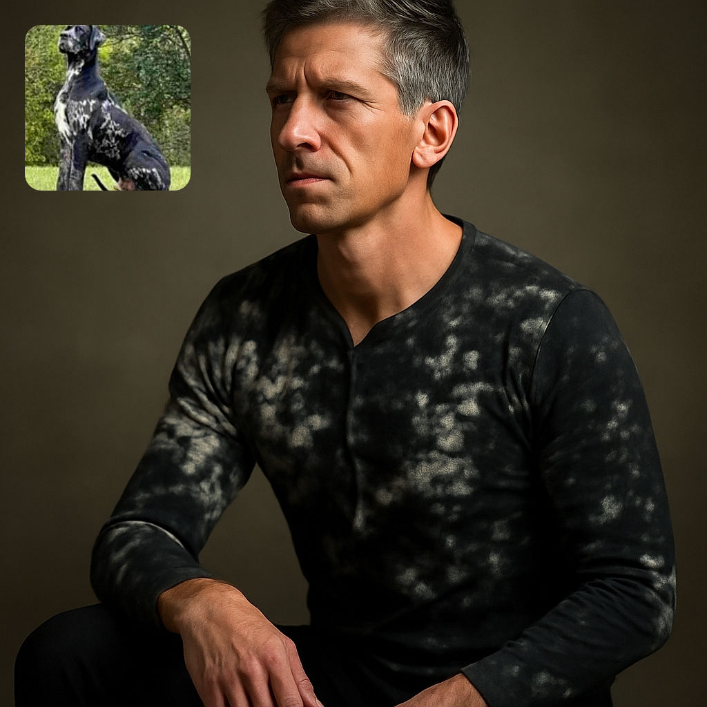 A majestic black and white spotted dog sitting attentively on a grassy field with a backdrop of leafy green trees, looking off into the distance as if pondering the meaning of life or waiting for a treat.
