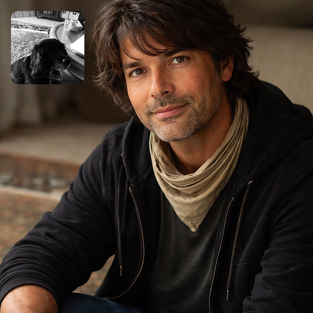 A soulful black-and-white dog stares up with melodramatic eyes as if auditioning for a noir film; mason jar and bowl on the coffee table, patterned rug and bookshelf in the background — the pupper clearly owns the room (and the snack hopes).