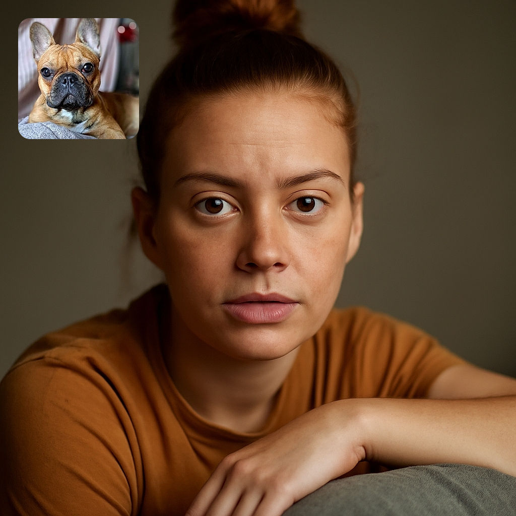 A close-up portrait of a charming French Bulldog lounging on a cozy gray blanket with a soft, blurred background that adds warmth and focus to the dog's expressive face and big ears.