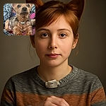 A small, alert dog with big ears and shiny eyes lounges comfortably on patterned bedding, looking curiously towards the camera with a tiny collar clasp visible.