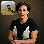 A charming dog sitting attentively on the wet sandy beach with gentle waves rolling in the background, casting a long shadow as if posing for a seaside portrait.