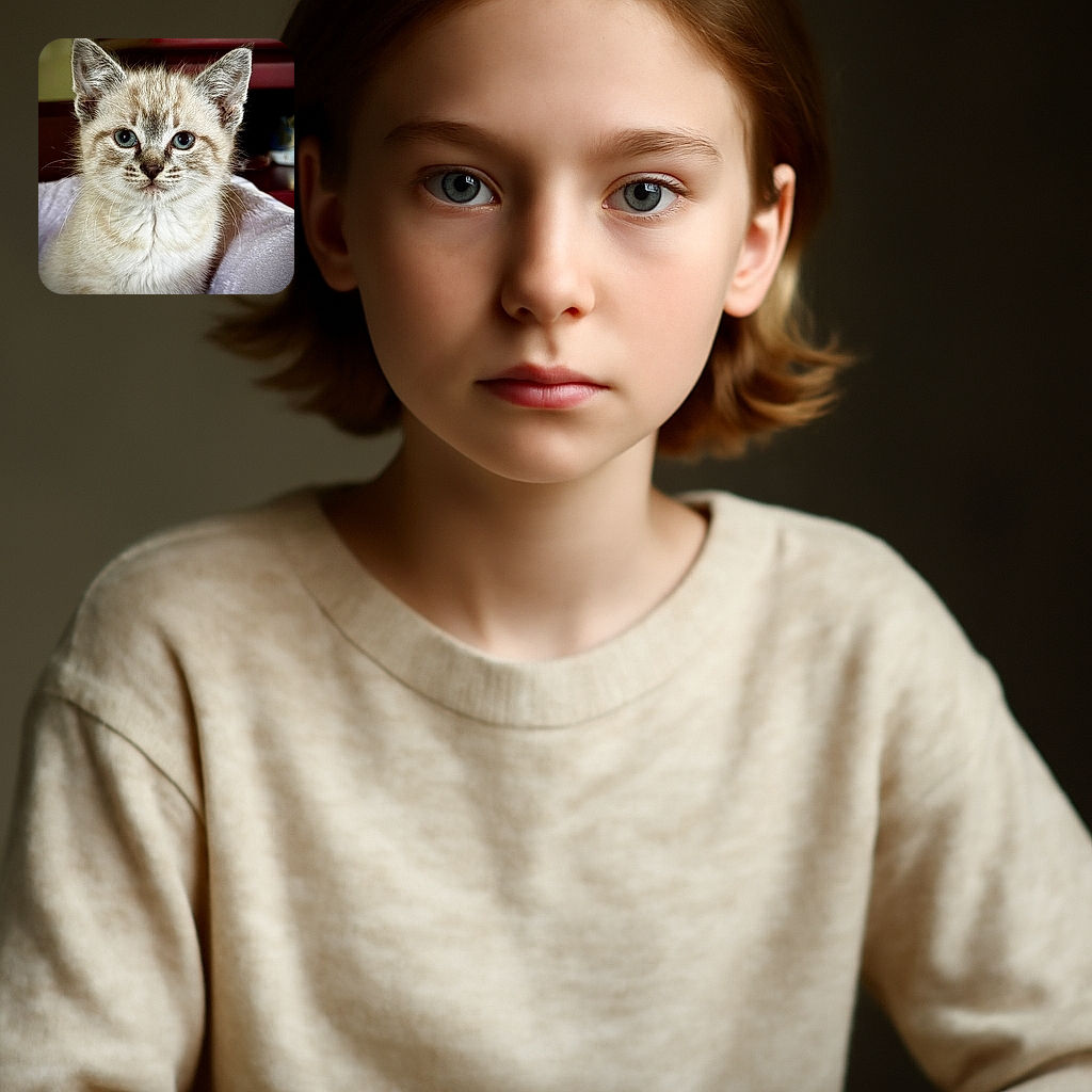 A fluffy kitten with striking blue eyes stares curiously into the camera, its soft fur and delicate whiskers perfectly captured, set against a cozy indoor background.