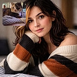 A charming calico cat lounges comfortably on a striped blanket, looking curiously off to the side. The cozy indoor setting features soft lighting and a slightly blurred background, giving a warm and relaxed vibe.