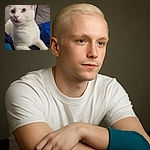 A curious white cat with striking yellow eyes lounges comfortably on a cozy couch, its soft fur contrasting with the textured fabric background and a splash of blue from a nearby blanket.