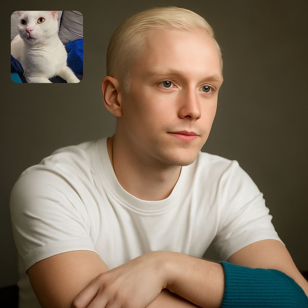 A curious white cat with striking yellow eyes lounges comfortably on a cozy couch, its soft fur contrasting with the textured fabric background and a splash of blue from a nearby blanket.