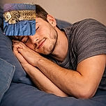 A cozy tabby cat is curled up on a blue blanket, looking like it's having the sweetest nap ever, with its paws tucked in and a peaceful smile on its face. Nearby, a lint roller and some denim peek into the frame, adding a bit of everyday charm to this feline siesta.