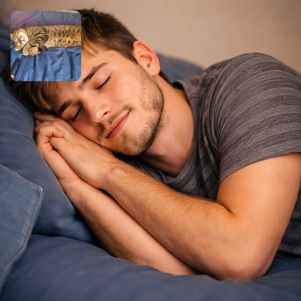 A cozy tabby cat is curled up on a blue blanket, looking like it's having the sweetest nap ever, with its paws tucked in and a peaceful smile on its face. Nearby, a lint roller and some denim peek into the frame, adding a bit of everyday charm to this feline siesta.