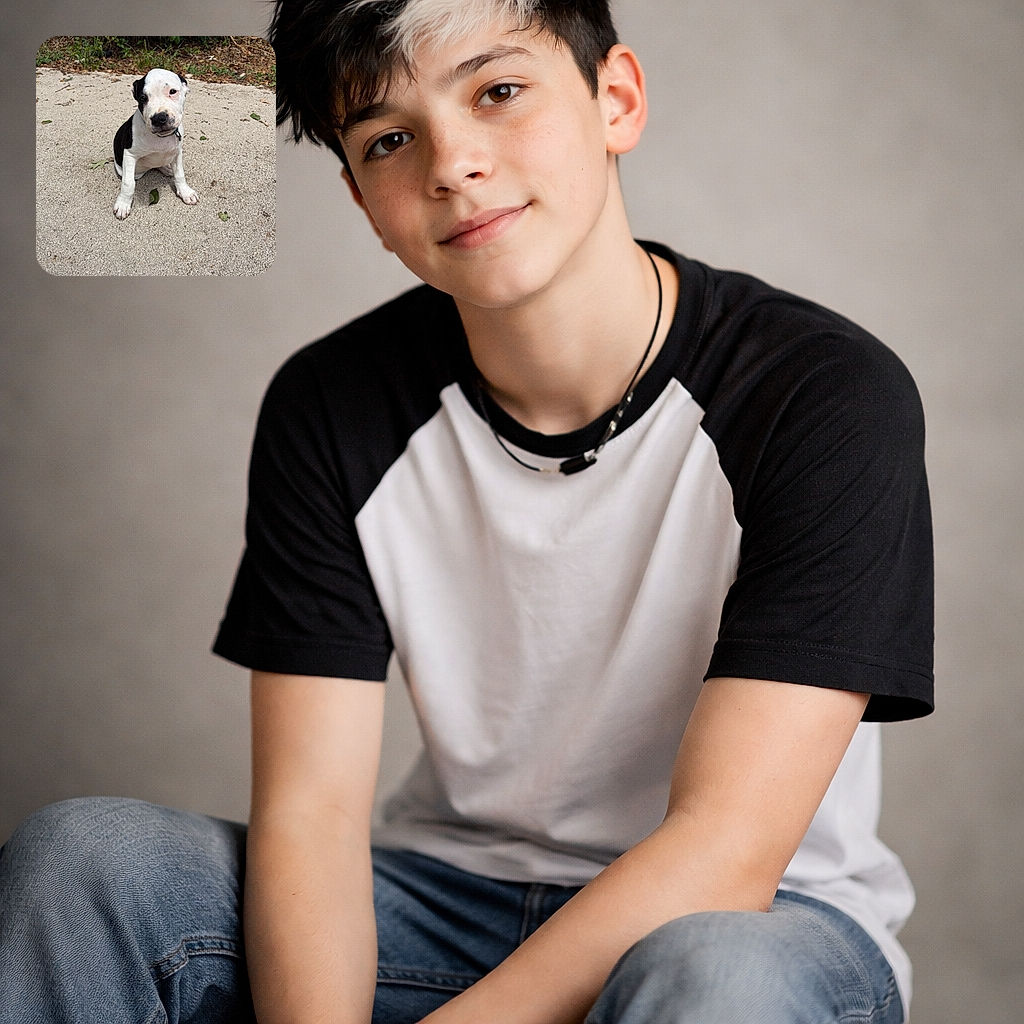 A cute black and white puppy sitting on a concrete surface with a curious and slightly tilted head, surrounded by some scattered leaves and greenery in the background.