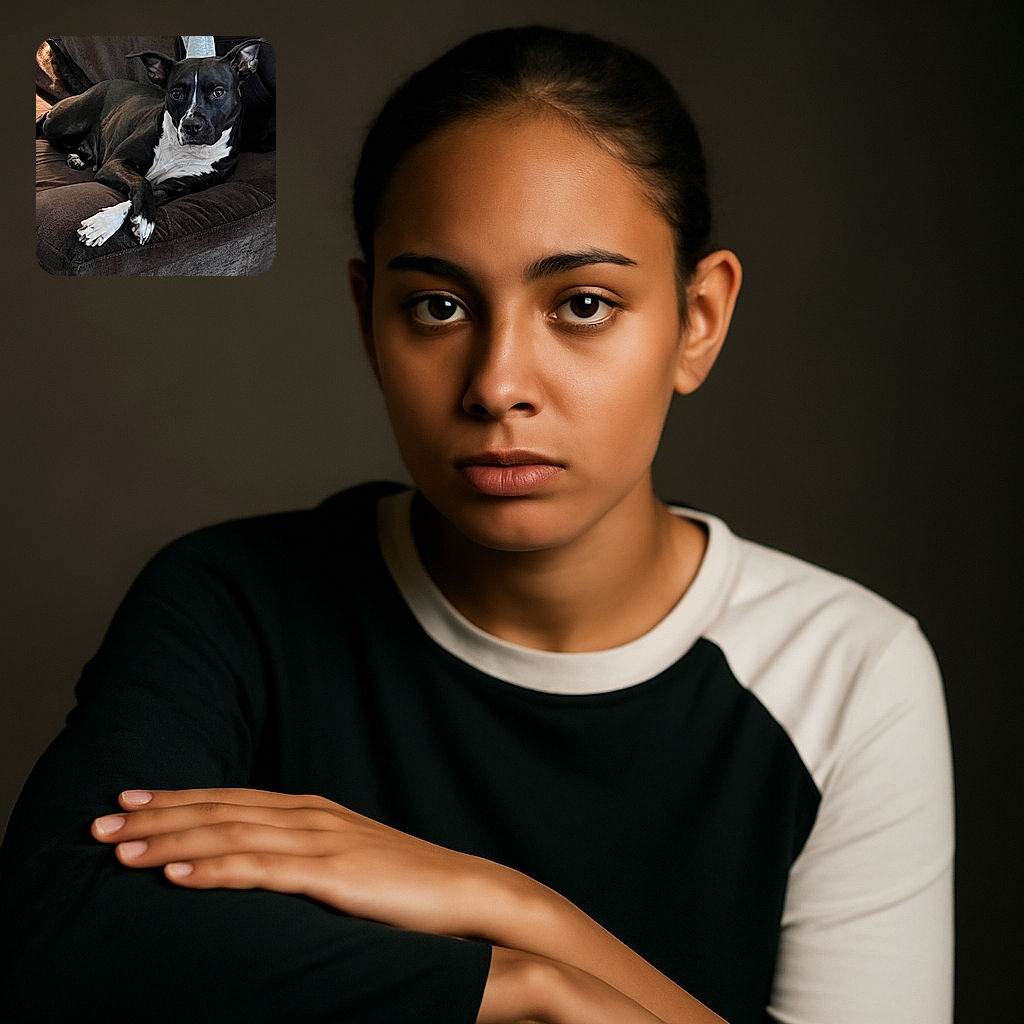 A relaxed black and white dog lounging on a dark brown couch, looking directly at the camera with a calm and attentive expression. The dog's front paws are crossed, adding a touch of elegance to its laid-back pose.