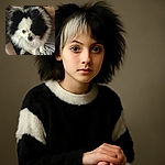 A fluffy black and white Pomeranian dog looks up with curious eyes while sitting on a person's lap, surrounded by cozy indoor textures and casual attire.
