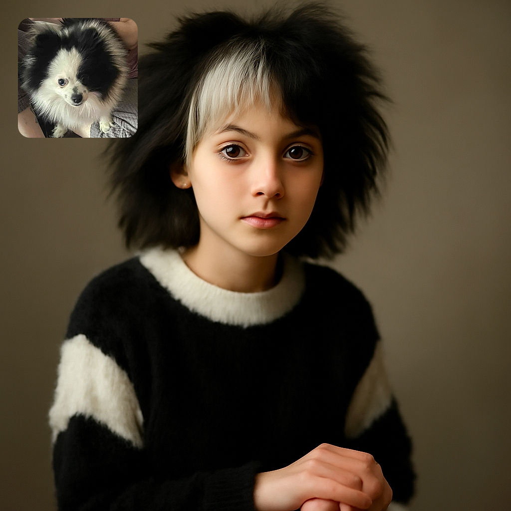 A fluffy black and white Pomeranian dog looks up with curious eyes while sitting on a person's lap, surrounded by cozy indoor textures and casual attire.