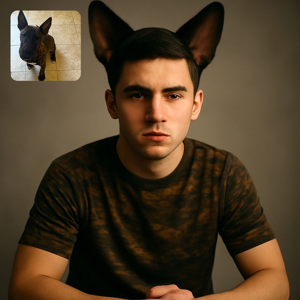 A curious brindle dog with huge, upright ears sits attentively on a tiled floor, looking up as if expecting a treat or a belly rub.