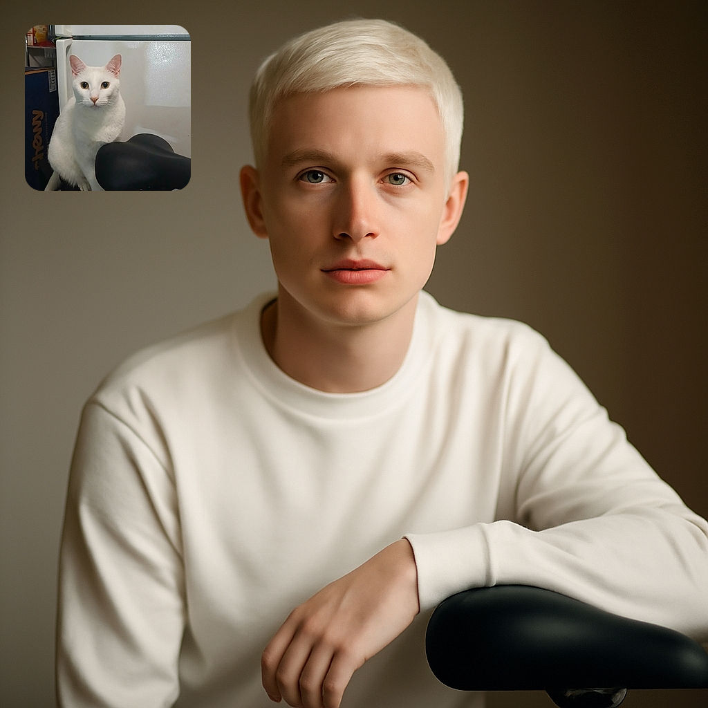 A curious white cat with big round eyes is sitting attentively in front of a white appliance, possibly a fridge, with a dark object in the foreground. The background includes a cardboard box and some kitchen items, creating a cozy indoor scene.