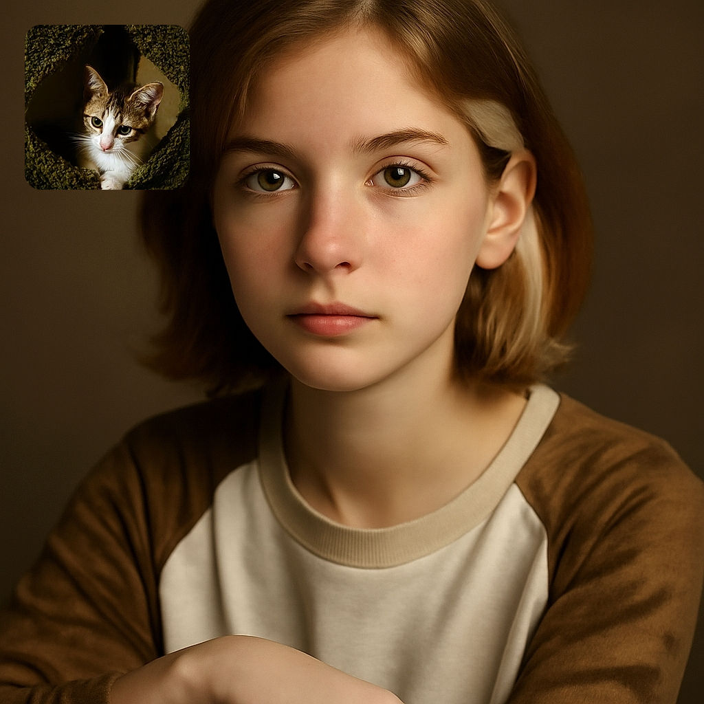 A curious kitten peeks out from a cozy, textured dark green hideout, its big green eyes shining with wonder and a tiny paw resting on the edge, making it look like the star of a secret feline clubhouse.