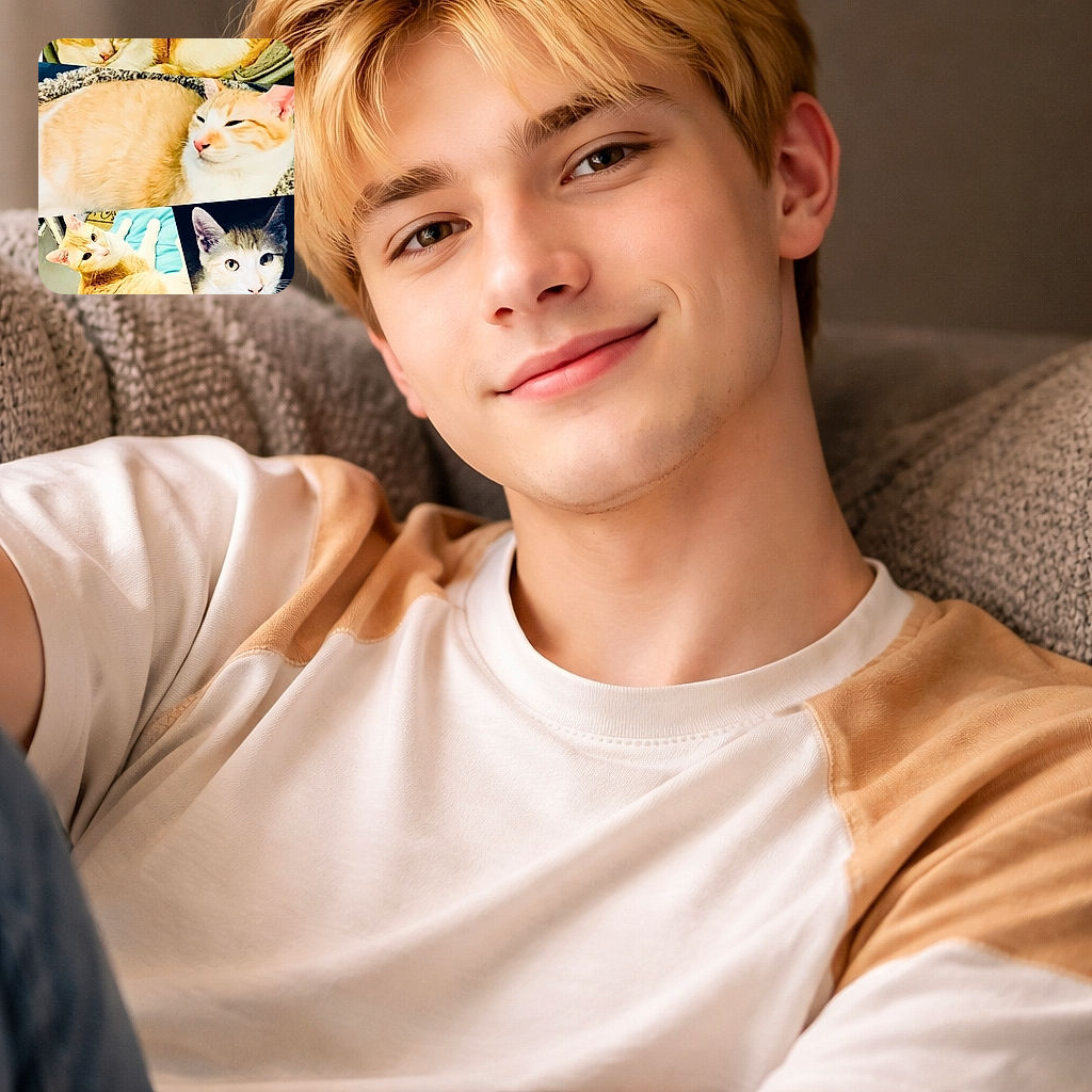 A collage of four photos featuring adorable cats lounging and gazing with sleepy or curious expressions, showcasing their orange and white fur in various cozy settings.