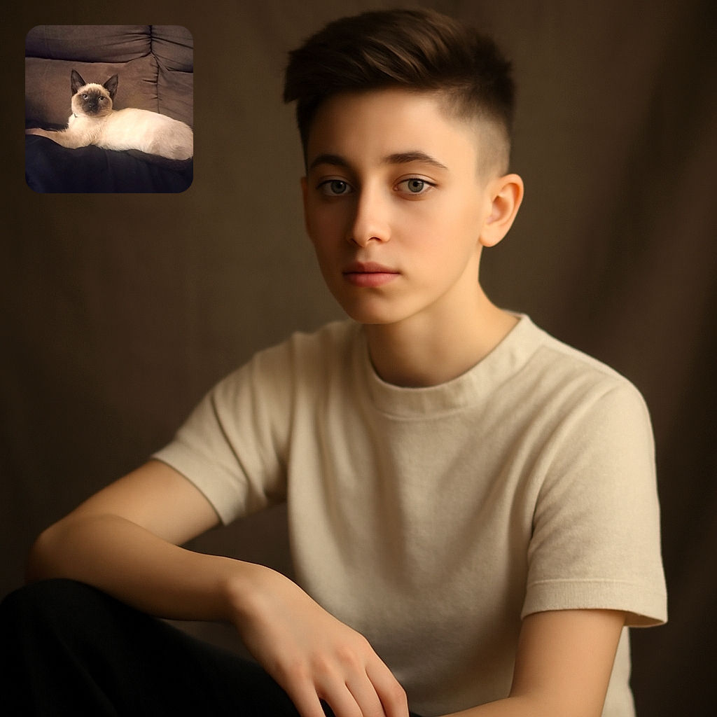 A relaxed Siamese cat lounges on a cozy brown couch, looking slightly amused or unimpressed, with soft lighting and a comfortable homey vibe.