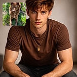 A striking brown dog with piercing blue eyes lounges on the grass, basking in the sunlight with an intense and almost mystical gaze, as if guarding the secrets of the backyard kingdom.